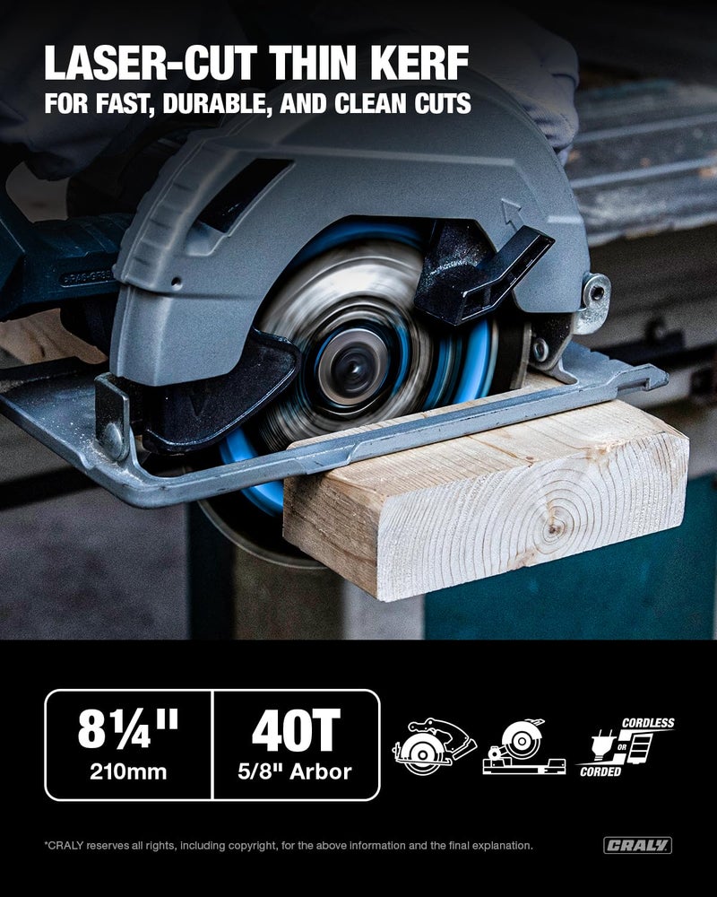 CRALY 8-1/4 Inch 40 Teeth Fine Finish Wood Cutting Circular Saw Blade, 5/8 Inch Arbor, Carbide Tipped, Thin Kerf, Black Ice™ Coating, for Plywood, MDF, OSB, Laminated(C0840FF) - Image 2